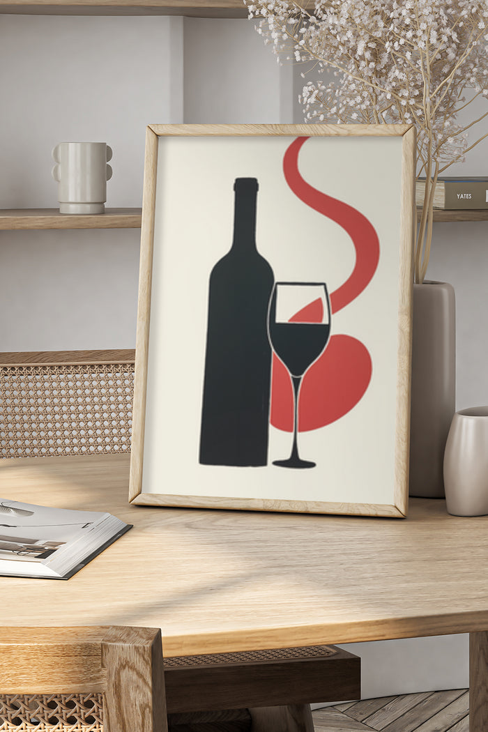 Contemporary Wine Bottle and Glass Illustration Art Poster on Display