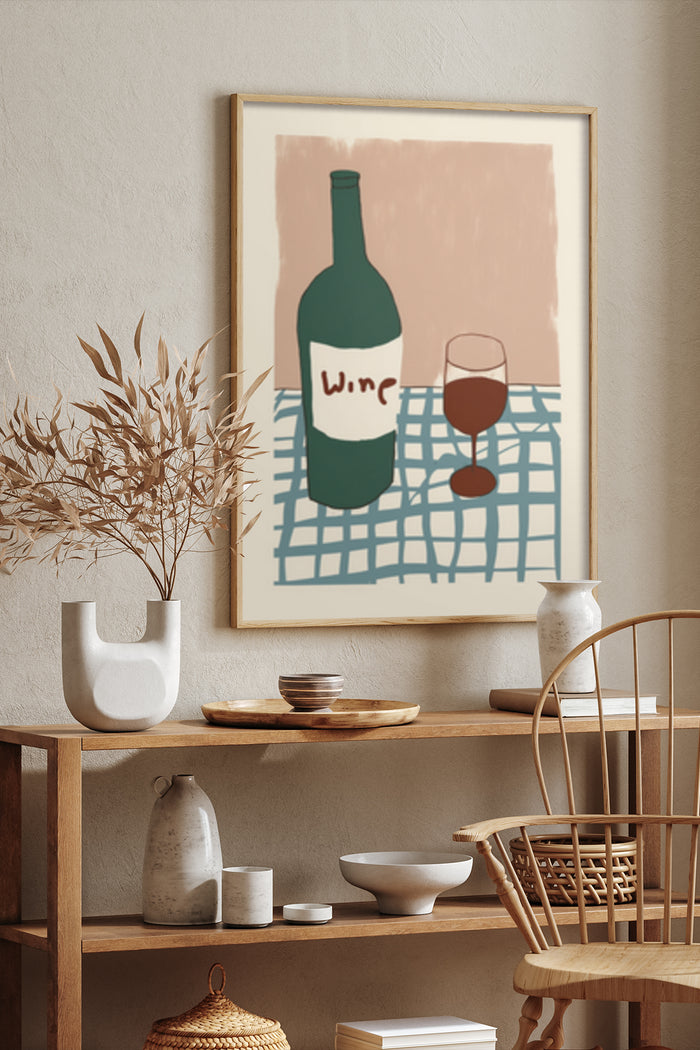 Modern abstract wine bottle and glass art print in home decor setting