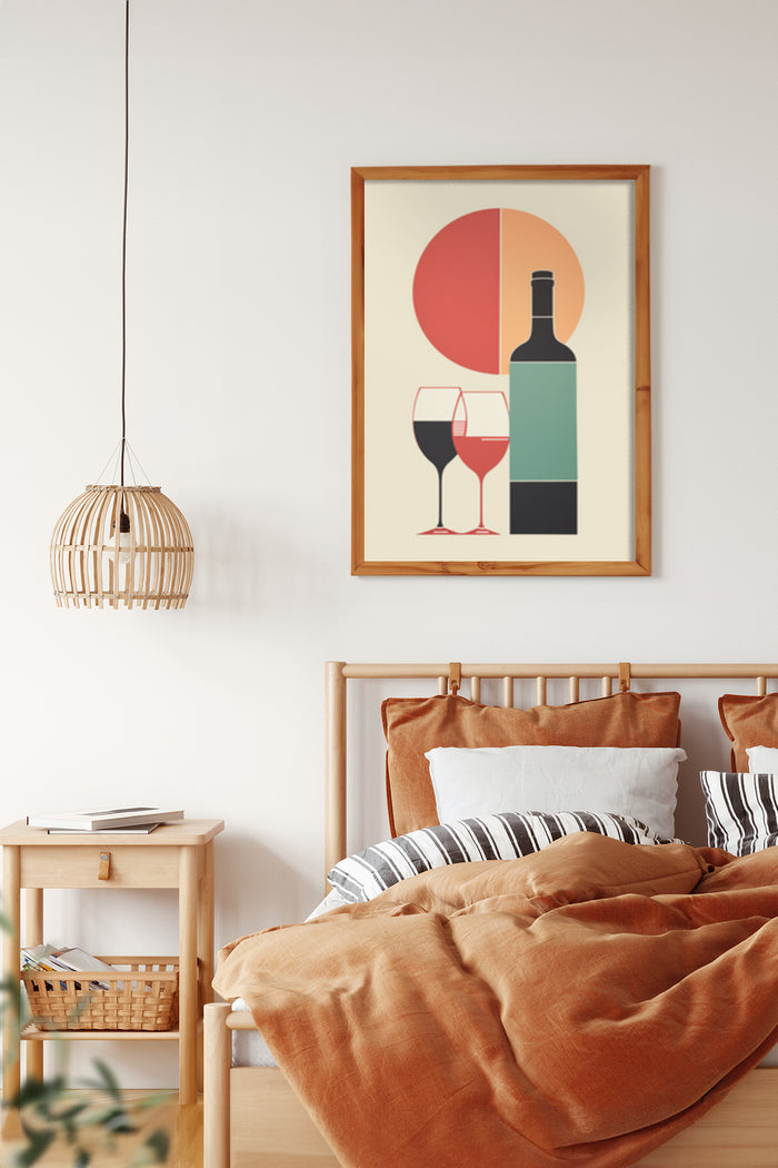 Modern abstract wine bottle and glass poster in minimalist bedroom interior