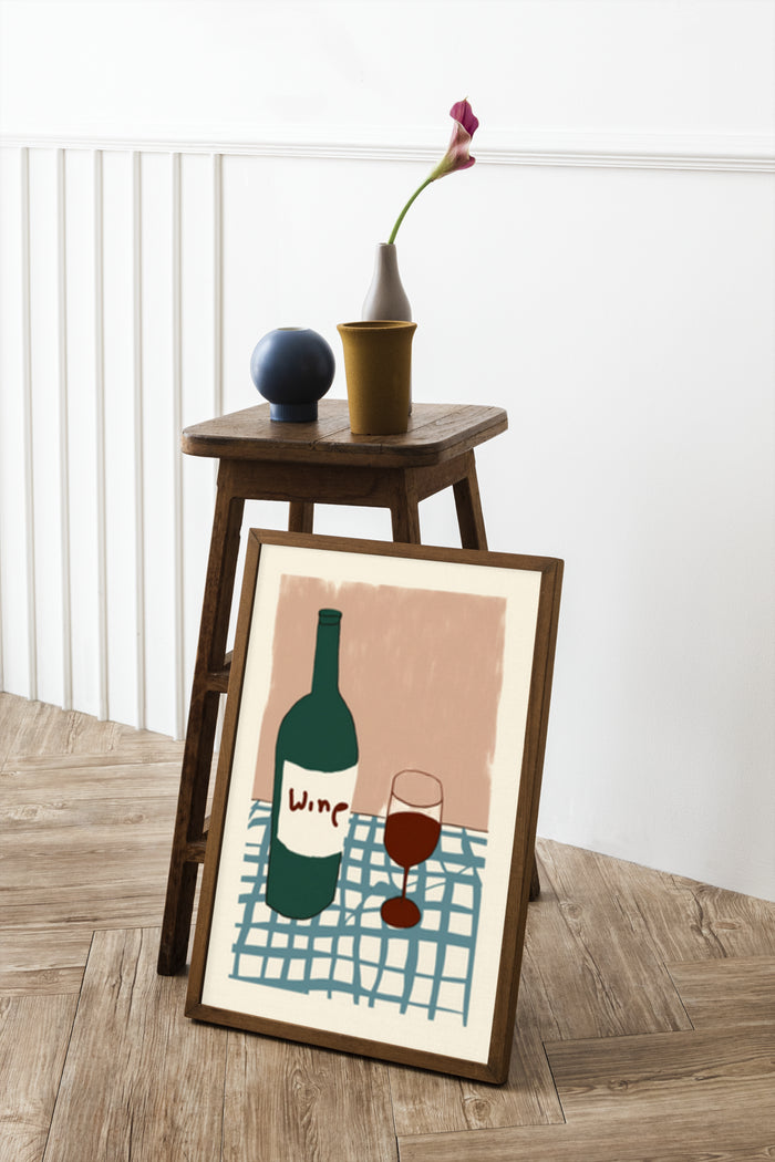 Contemporary wine poster featuring a bottle and glass in a simplistic style on a checkered blue background