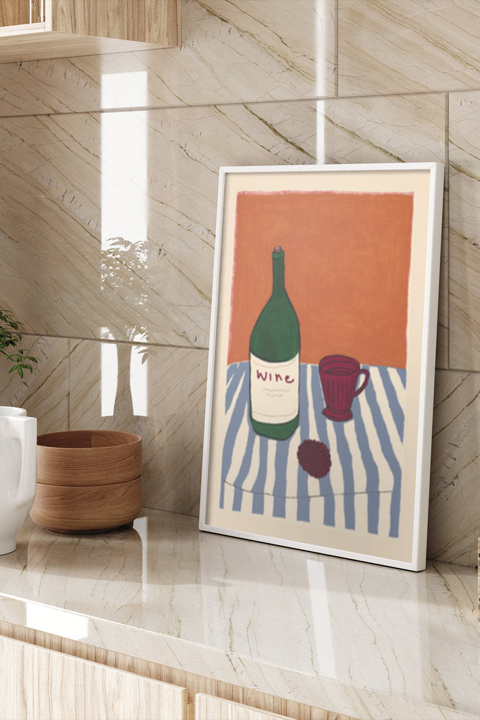 Modern minimalist poster with wine bottle and glass artwork in interior setting