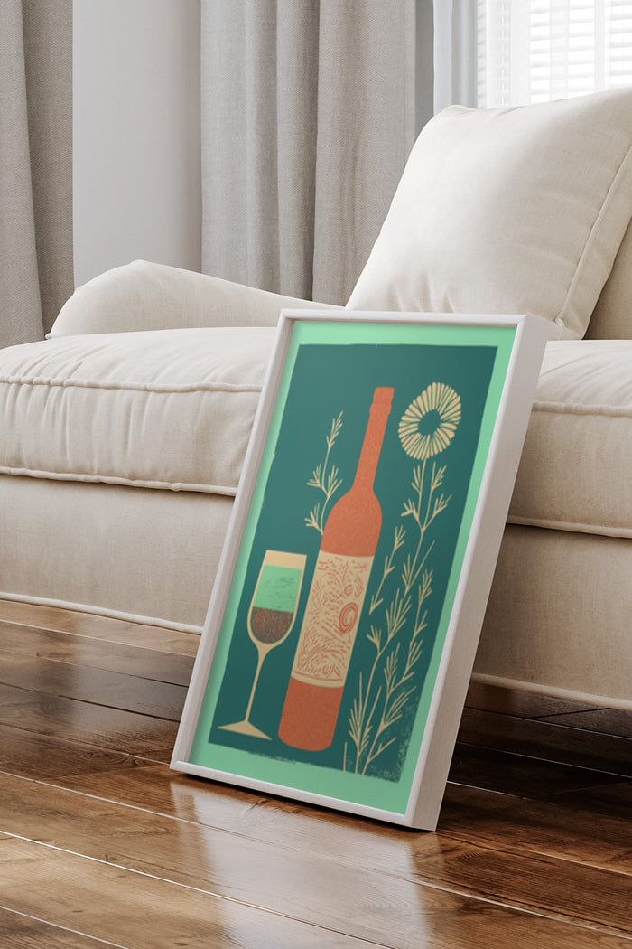 Modern minimalist poster featuring a wine bottle and glass with decorative botanical elements