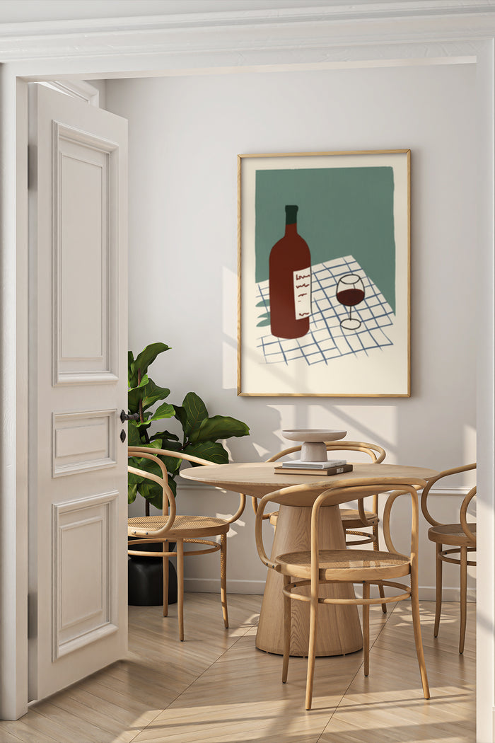 Contemporary dining space featuring a framed poster of a stylized wine bottle and wine glass