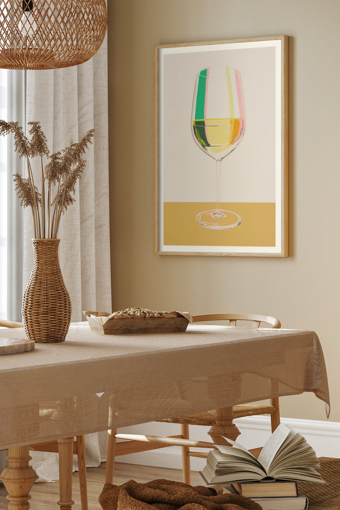 Minimalist modern wine glass artwork poster in a dining room setting for home decor