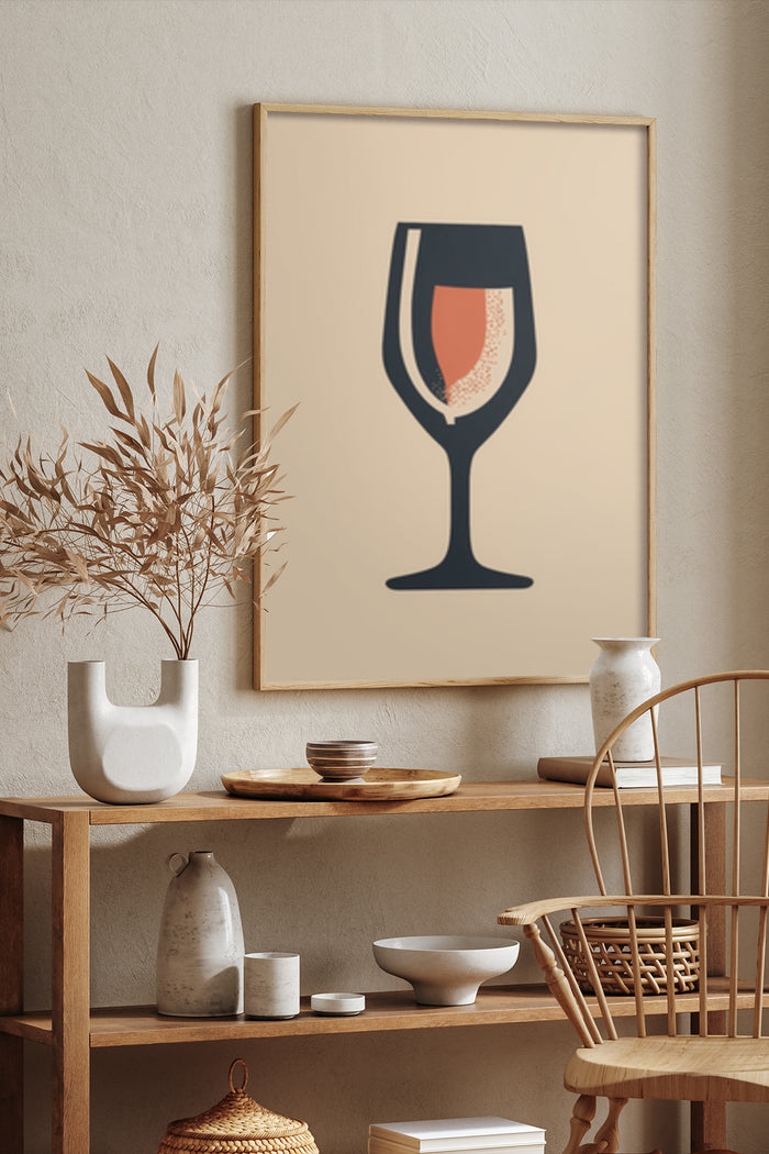 Modern minimalist wine glass poster in a stylish interior setting