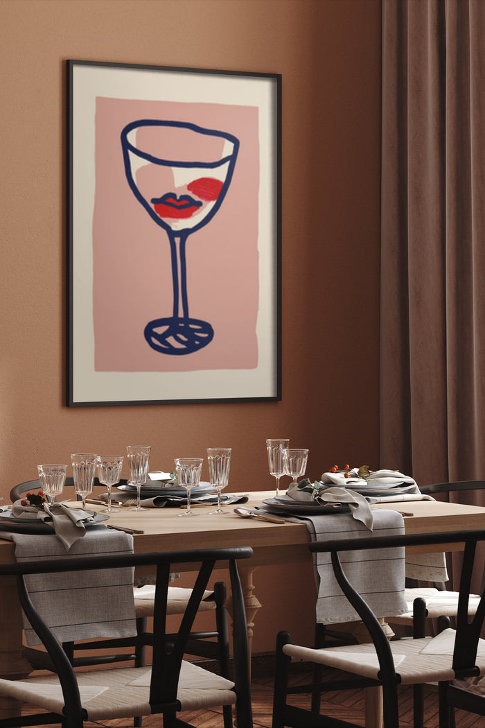 Modern artwork featuring a stylized wine glass with red lips in a dining room setting