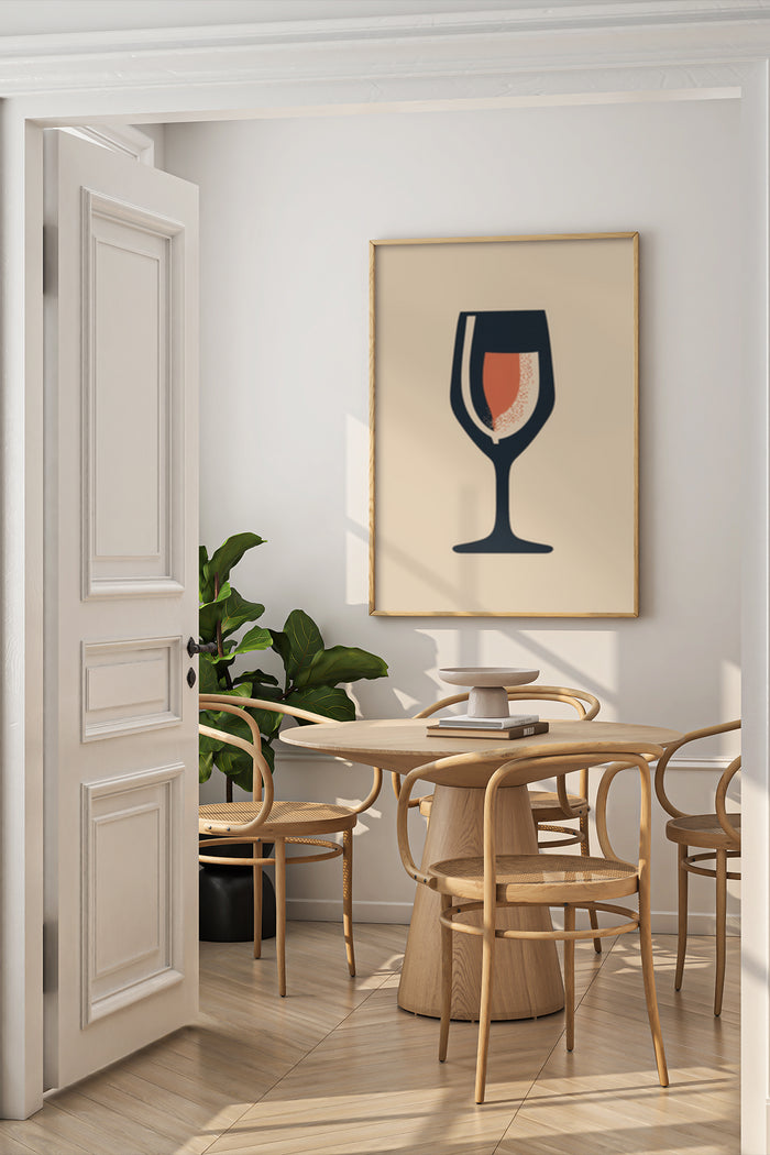 Stylish modern poster of wine glass with red beverage in a contemporary dining room setting