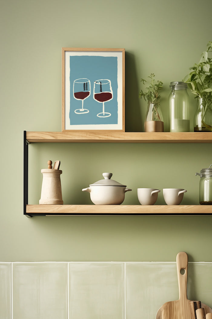 Contemporary kitchen with framed poster of stylized wine glasses on shelf