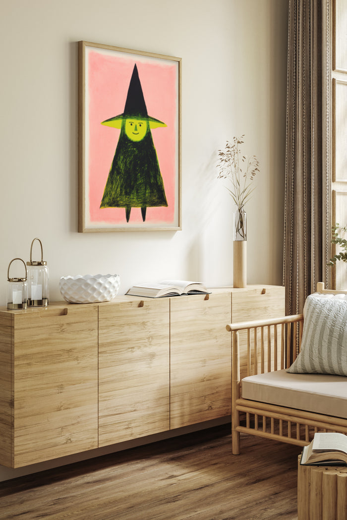 Modern minimalist witch artwork poster in contemporary living room setting