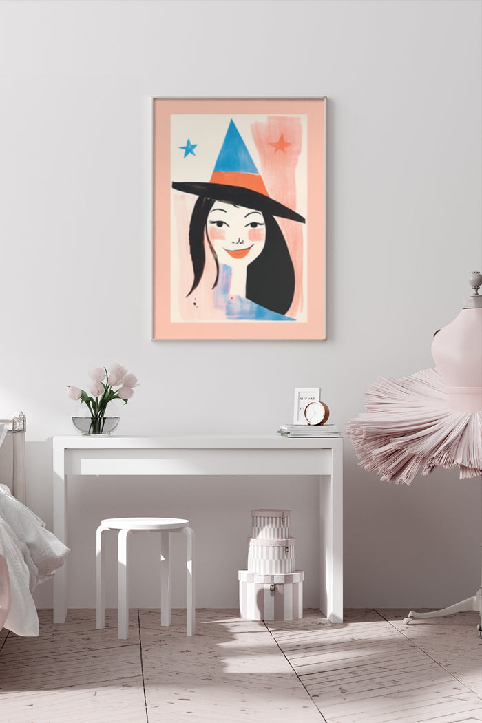 Stylish Modern Witch Hat Illustration Poster in a Contemporary Bedroom Setting