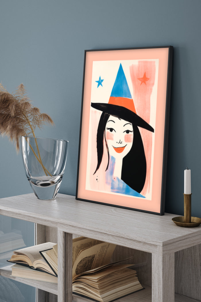 Modern witch hat artwork poster with colorful design, displayed in a stylish home interior