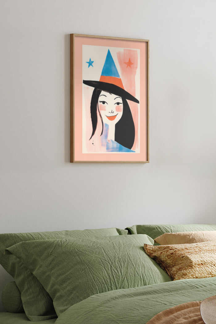 Modern illustrated poster of a girl with a witch hat in a colorful room