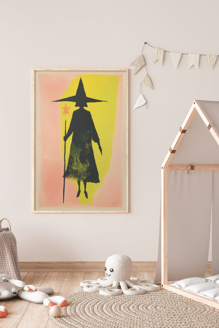 Contemporary witch silhouette with a star art poster framed in a children's bedroom setting