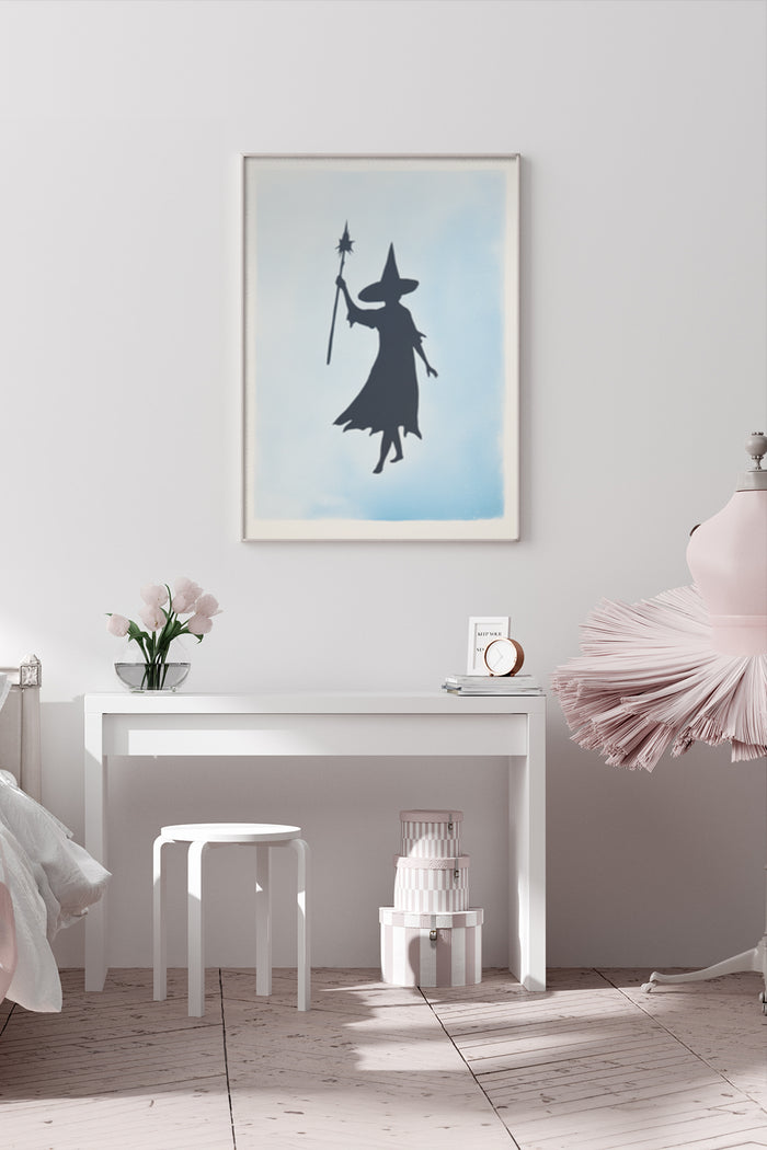 Modern witch silhouette poster in a minimalist bedroom interior design