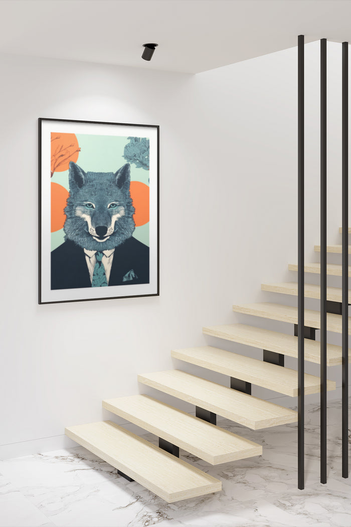 Stylish anthropomorphic wolf in suit poster art displayed in modern interior