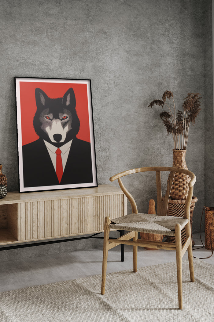 Modern Art Poster of a Wolf in a Suit with Red Tie in a Stylish Interior