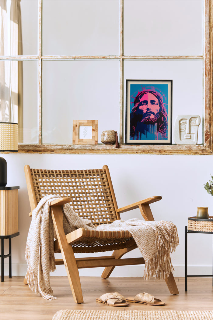 Stylish interior with modern wooden armchair, cozy knitted throw blanket, and colorful retro style Jesus poster artwork