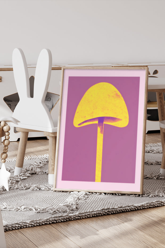 Stylish Modern Yellow Mushroom Art Poster on Wooden Easel for Contemporary Interior Decor