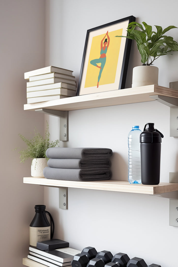 Modern yoga pose artwork in a poster frame on a shelf in a stylish home gym setting