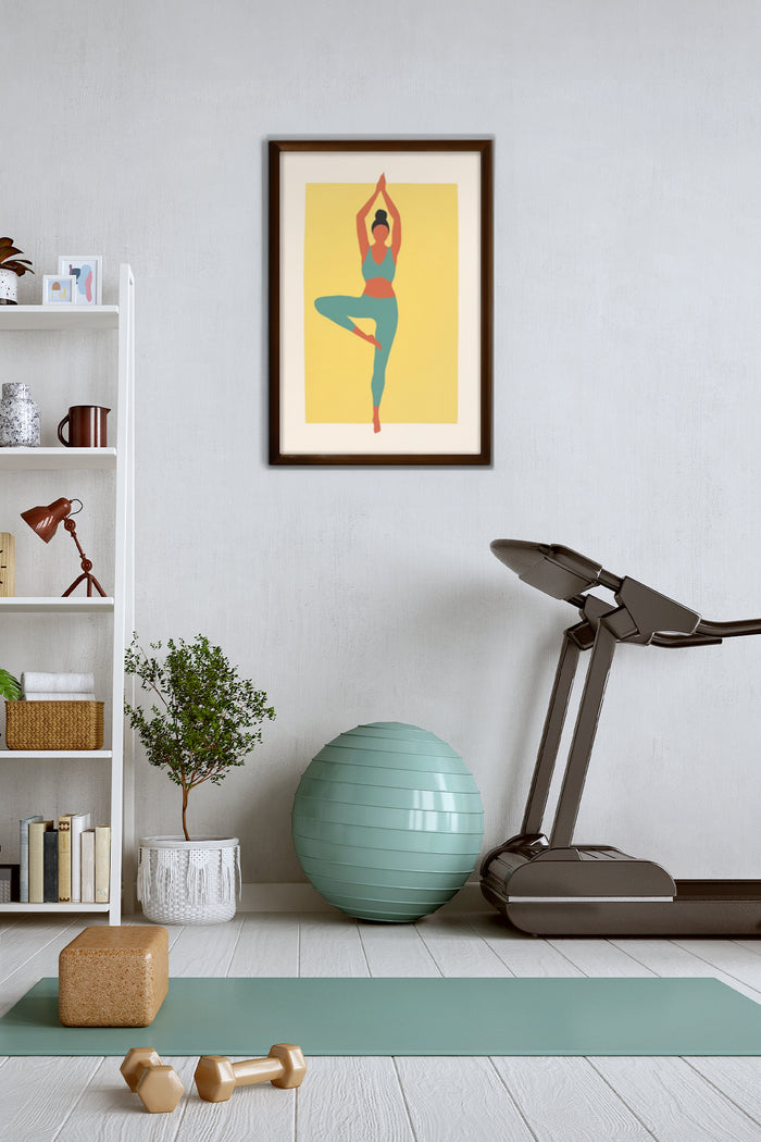 Modern yoga artwork featuring a figure in a tree pose in a stylish home gym setting with treadmill and exercise equipment