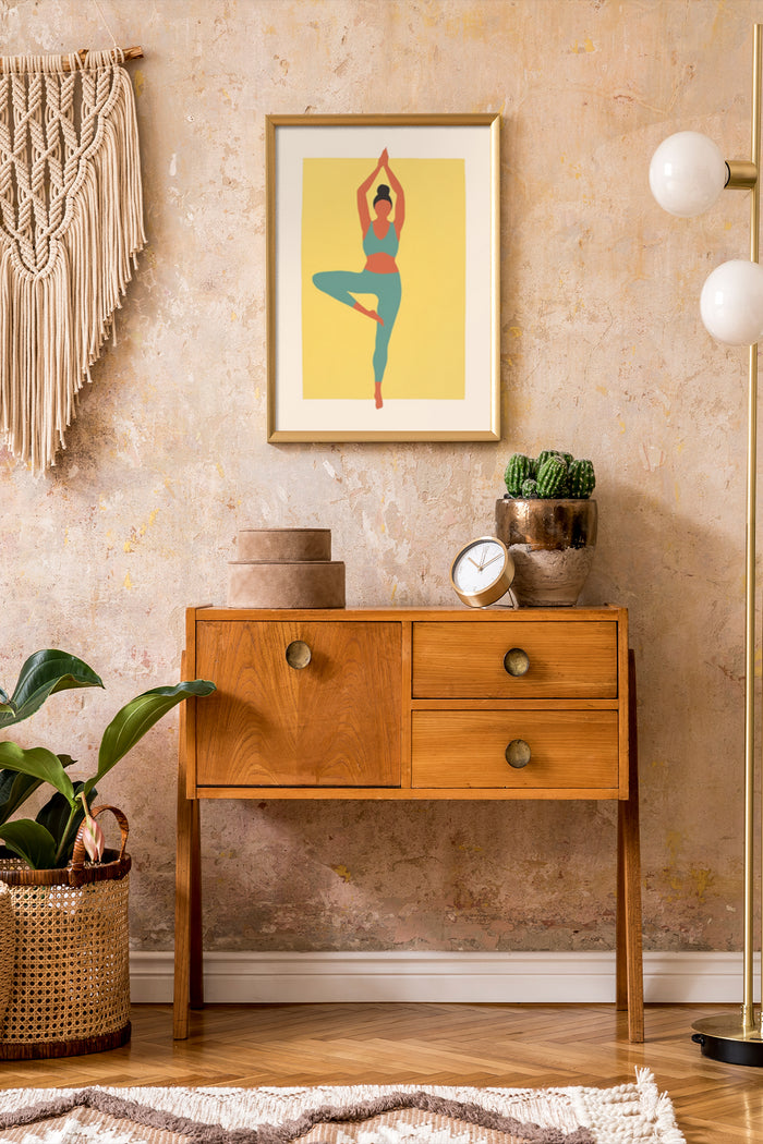 Modern colorful framed yoga poster in a stylish living room setting