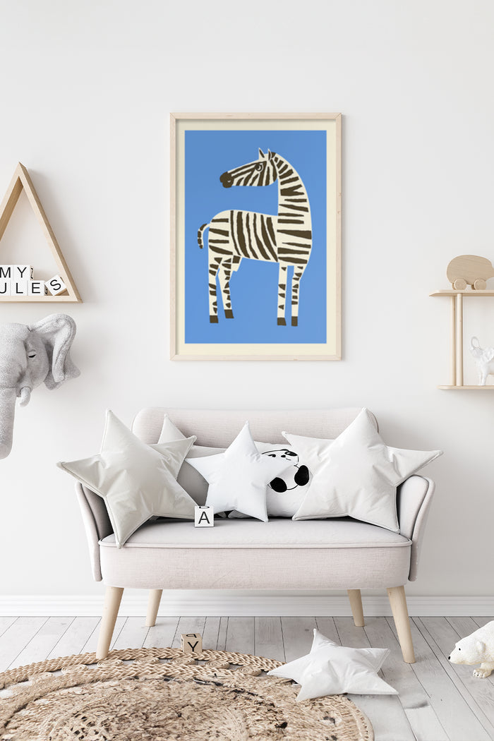 Modern zebra artwork with blue background framed poster hanging in a stylish living room interior