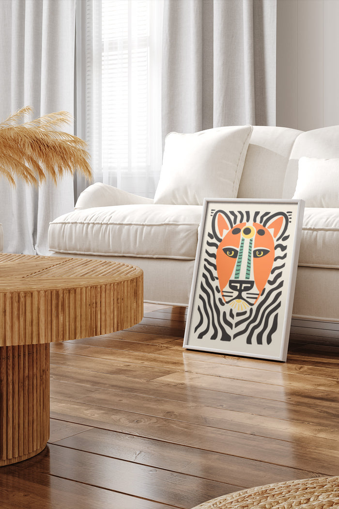 Contemporary zebra illustration poster framed in a modern living room setting