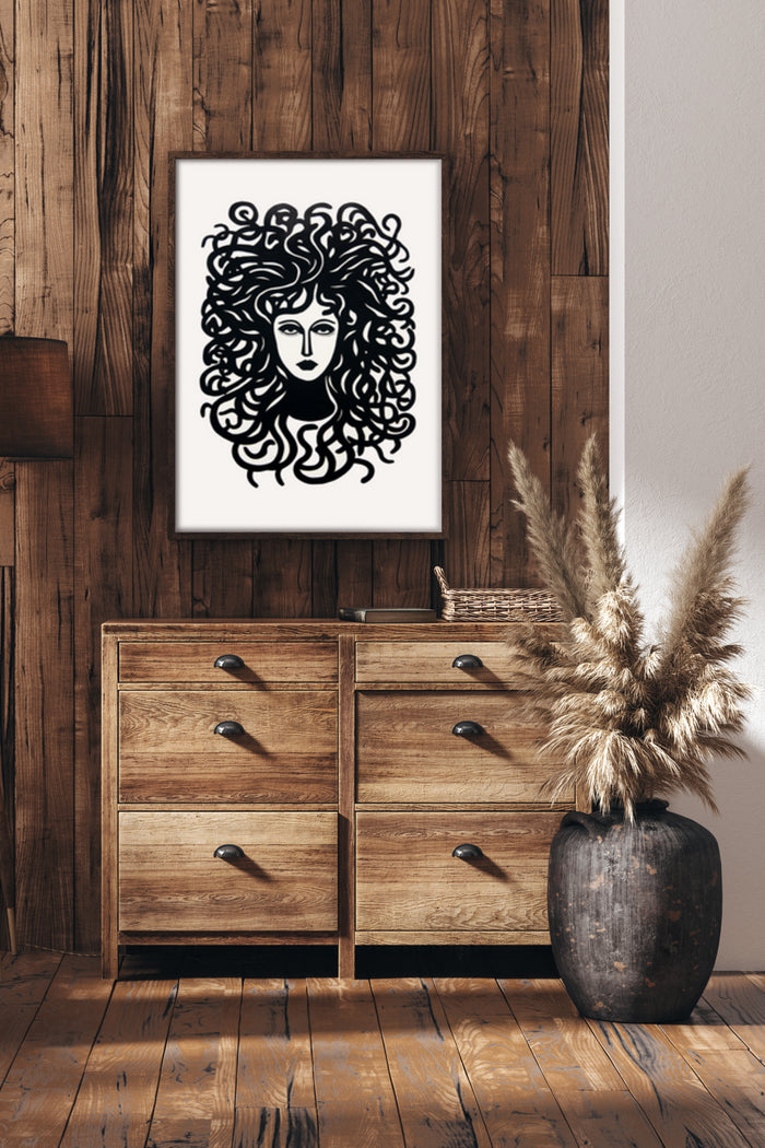 Elegant monochrome poster featuring an artistic depiction of a woman with curly hair in a modern interior setting