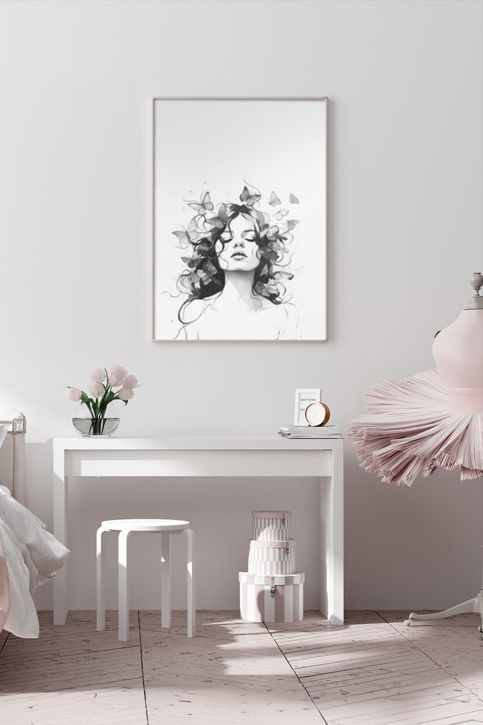 Elegant monochrome poster of a woman with butterflies in hair in a modern interior setting