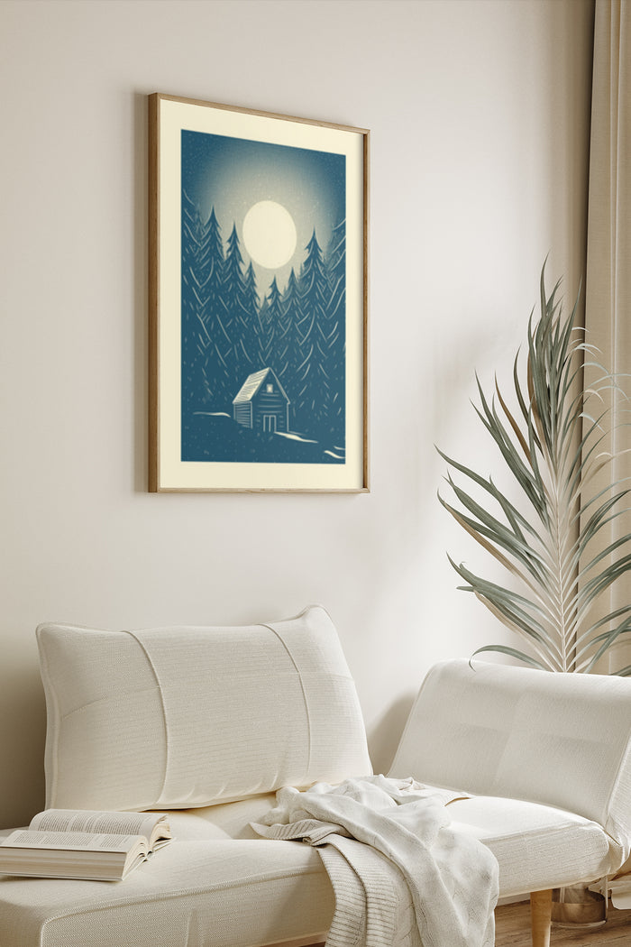 Stylish moonlit pine forest poster framed on living room wall