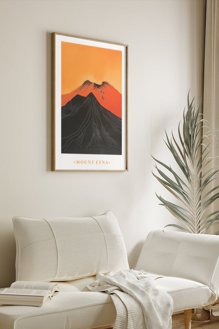 Stylish Mount Etna Volcano Artwork Poster in Modern Living Room