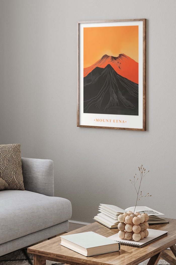 Stylish Mount Etna volcano poster artwork displayed in a modern home interior