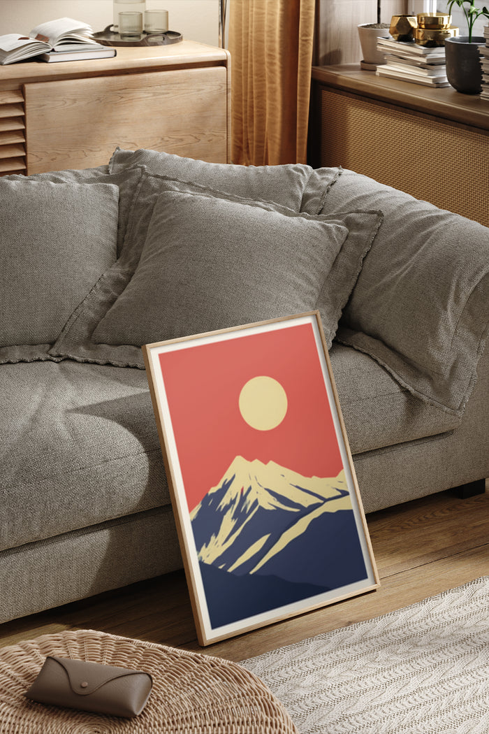 Stylized mountain sunrise poster with red background in a cozy home environment