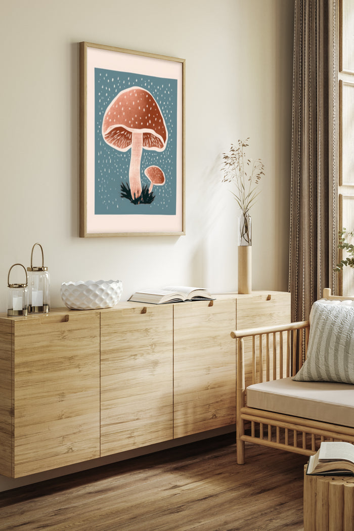 Stylish interior with a mushroom illustration poster framed on the wall