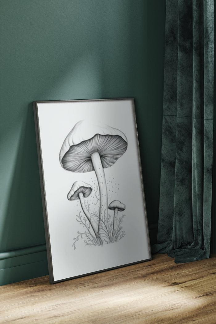 Black and white hand-drawn mushroom poster art displayed in interior setting