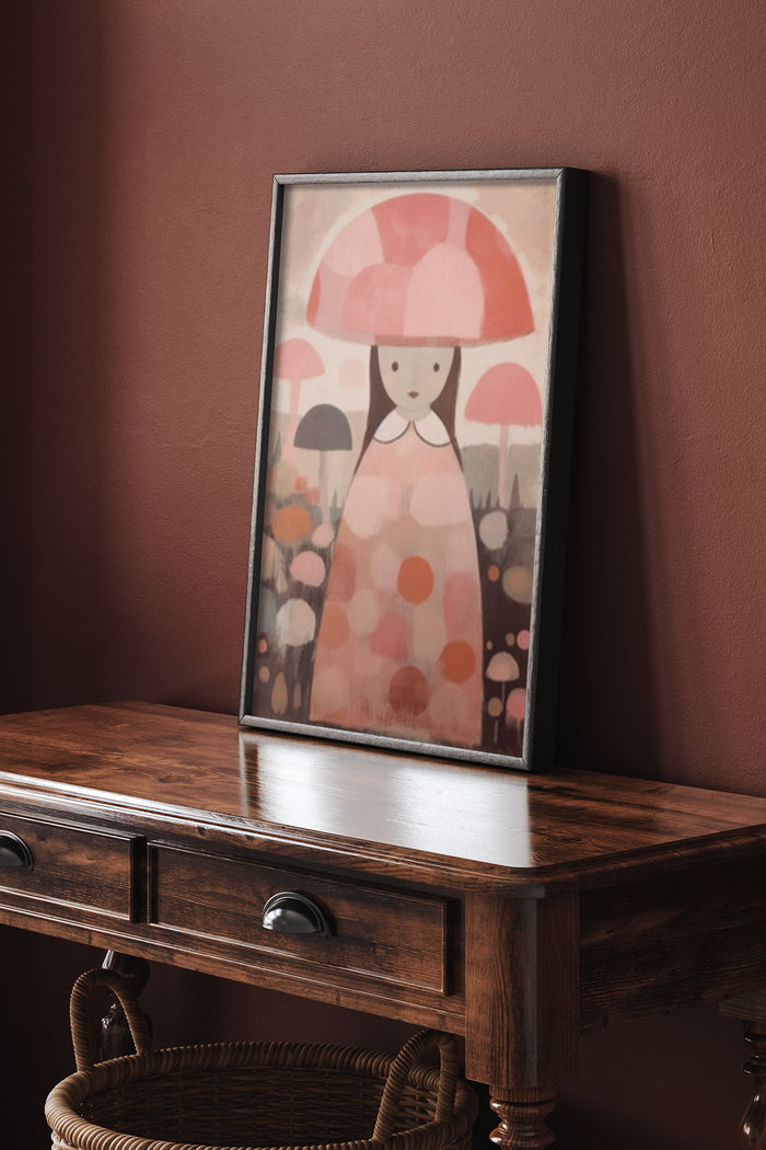 Mushroom girl artwork poster in a wooden frame on a vintage sideboard