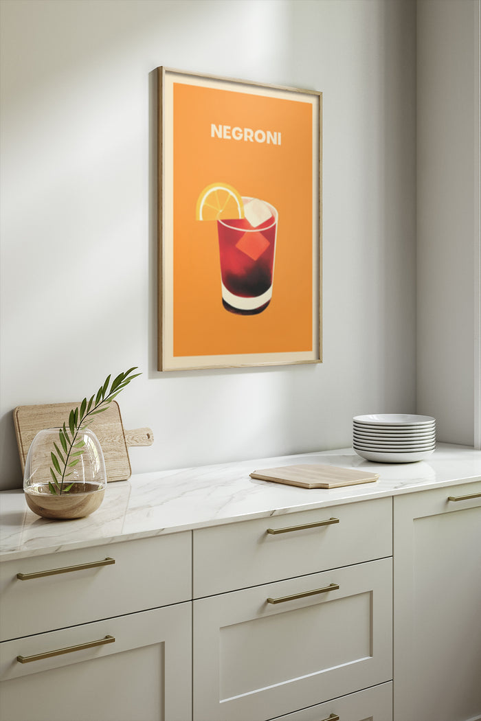 Negroni cocktail poster art for kitchen decoration with orange backdrop