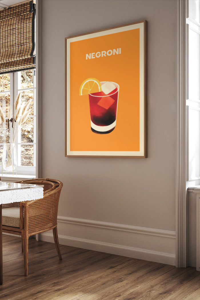 Negroni cocktail poster hanging on wall in a stylish interior room, with a vintage chair and wooden floor
