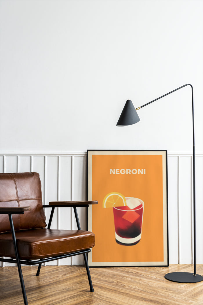 Negroni cocktail advertisement poster displayed in stylish interior with leather chair and floor lamp