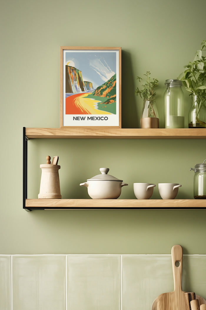 vintage-style-new-mexico-poster-framed-kitchen-shelf-decor
