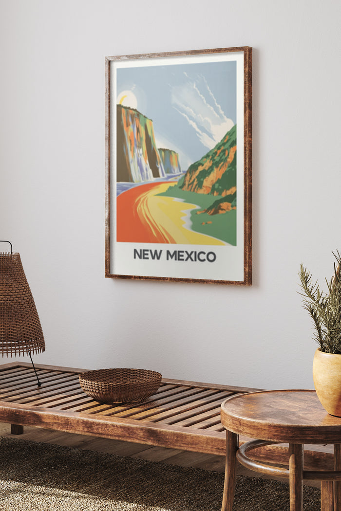 Vintage New Mexico travel poster featuring cliffs and river