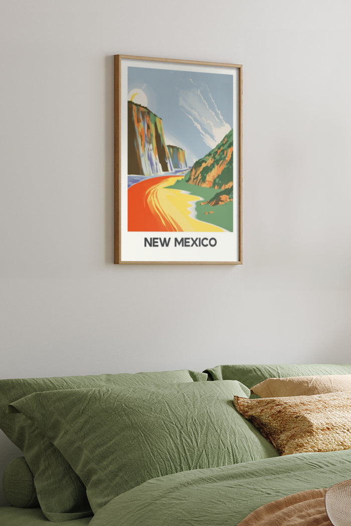 New Mexico vintage style travel poster with cliffs and river on bedroom wall
