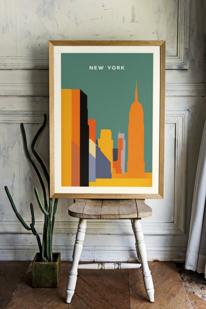 New York City skyline abstract art poster in stylish interior setting