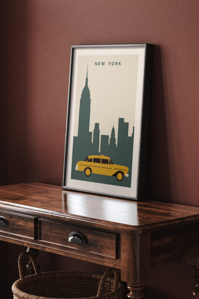 Minimalist New York City skyline with Empire State Building and classic yellow cab poster artwork