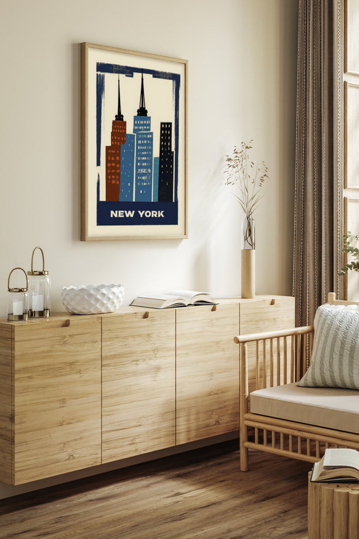 New York City skyline poster framed on a wall in a contemporary interior design setting