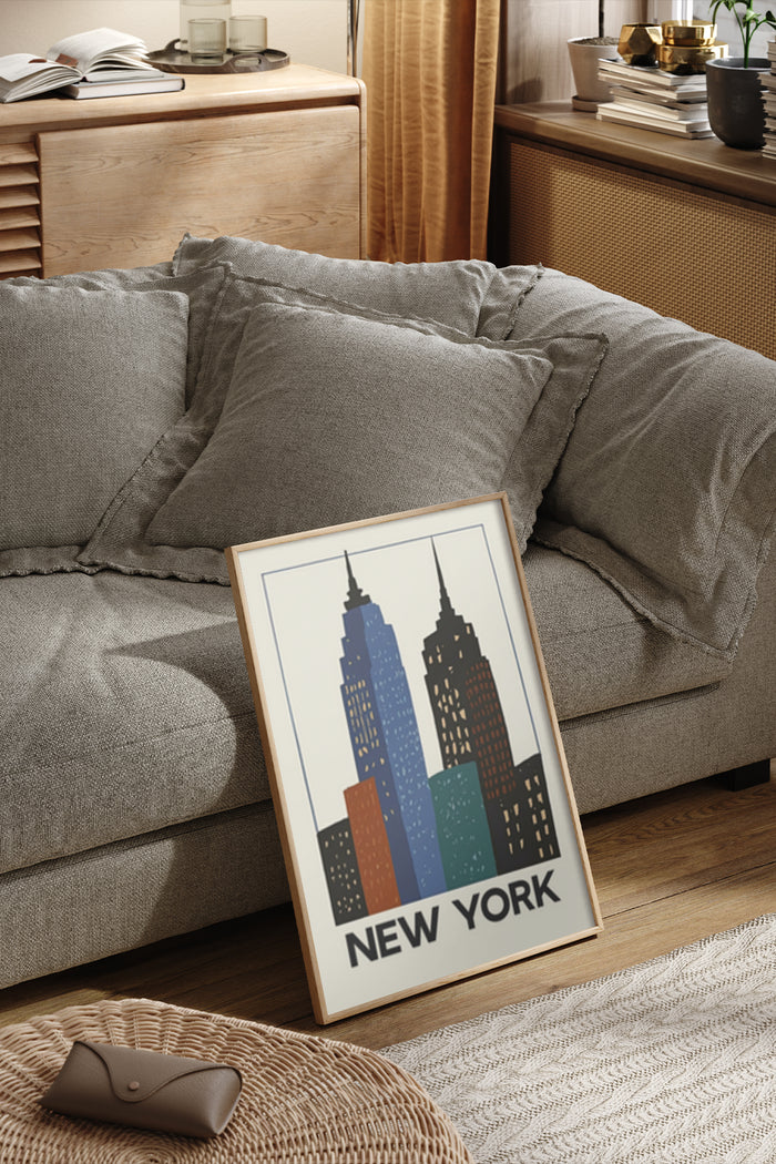 New York City skyline artwork poster in a stylish living room setting