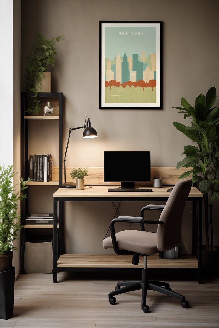 New York City skyline stylized poster in a modern home office setting