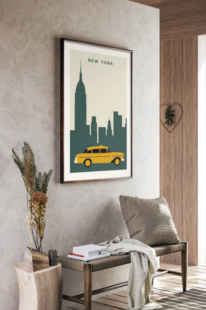 New York City Skyline and Yellow Taxi Cab Minimalist Poster Art in Stylish Room Decor