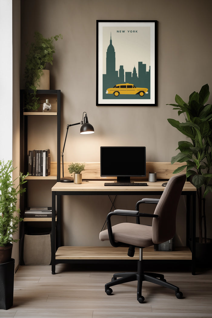 Stylish New York poster with iconic yellow taxi and cityscape in a well-designed home office setting
