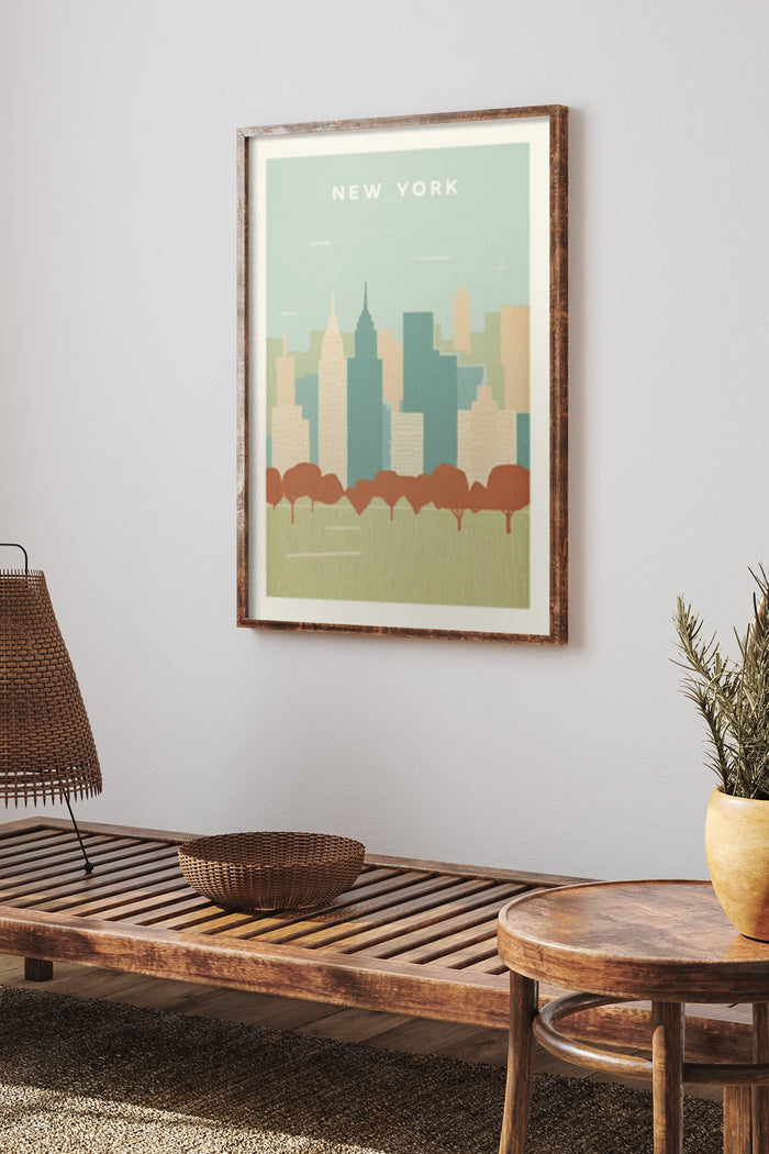 Minimalist vintage-style New York travel poster with skyline and autumn trees
